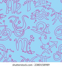 Zodiac horoscope seamless vector pattern for digital background, wrapping paper, textile print. Magic witch craft esoteric theme. Hand drawn illustration, retro vintage style drawing.