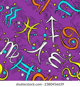 Zodiac horoscope seamless vector pattern for digital background, wrapping paper, textile print. Magic witch craft esoteric theme. Hand drawn illustration, retro vintage style drawing.