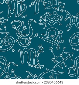 Zodiac horoscope seamless vector pattern for digital background, wrapping paper, textile print. Magic witch craft esoteric theme. Hand drawn illustration, retro vintage style drawing.
