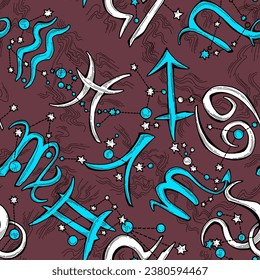 Zodiac horoscope seamless vector pattern for digital background, wrapping paper, textile print. Magic witch craft esoteric theme. Hand drawn illustration, retro vintage style drawing.