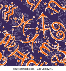 Zodiac horoscope seamless vector pattern for digital background, wrapping paper, textile print. Magic witch craft esoteric theme. Hand drawn illustration, retro vintage style drawing.