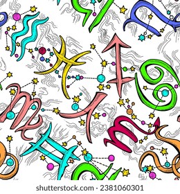 Zodiac horoscope seamless vector pattern for digital background, wrapping paper, textile print. Magic witch craft esoteric theme. Hand drawn illustration, retro vintage style drawing.