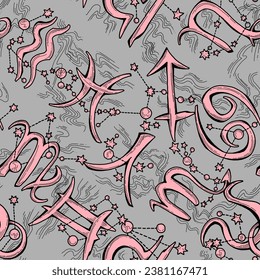 Zodiac horoscope seamless vector pattern for digital background, wrapping paper, textile print. Magic witch craft esoteric theme. Hand drawn illustration, retro vintage style drawing.