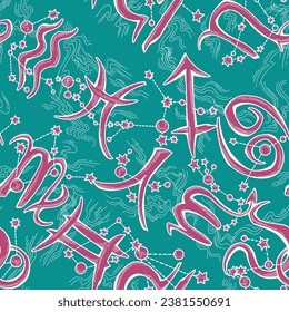 Zodiac horoscope seamless vector pattern for digital background, wrapping paper, textile print. Magic witch craft esoteric theme. Hand drawn illustration, retro vintage style drawing.