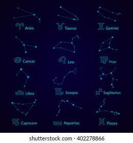 Zodiac. Horoscope set: Leo, Virgo, Scorpio, Libra, Aquarius, Sagittarius, Pisces, Capricorn, Taurus, Aries, Gemini, Cancer. Vector illustration