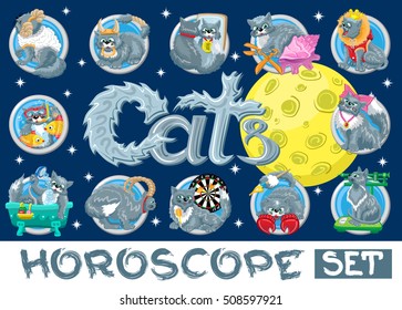 Zodiac horoscope set. Twelve round zodiac symbols with cats