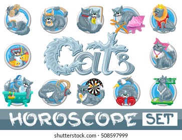 Zodiac horoscope set. Twelve round zodiac symbols with cats isolated