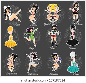 Zodiac horoscope signs with beautiful girls, vector