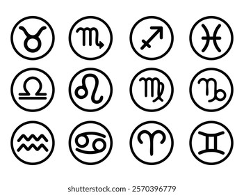 Zodiac horoscope signs icons set: Taurus, Scorpio, Sagittarius, Gemini, Libra, Leo, Virgo, Capricorn, Aquarius, Cancer, Aries, Pisces