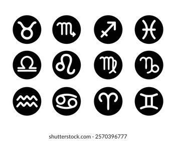 Zodiac horoscope signs on black icons set: Taurus, Scorpio, Sagittarius, Gemini, Libra, Leo, Virgo, Capricorn, Aquarius, Cancer, Aries, Pisces