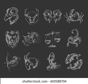 Zodiac horoscope signs vector chalk sketch isolated icons on blackboard. Astrology calendar birthday hand drawn symbols set