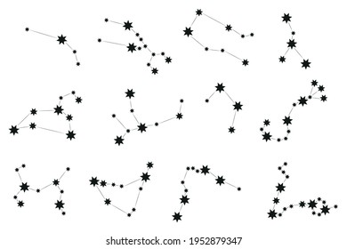 Zodiac horoscope star signs vector illustrations. Set of 12 Constellations. Centaurus, Phoenix, Cygnus, Getus, Cepheus, Ursa Minor, Ursa Major, Monoceros, Lepus, Pegasus, Cassiopeia, Draco, Chamaeleon