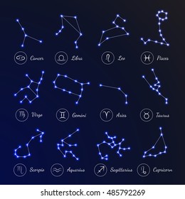 Zodiac Horoscope Stars Set. Twelve Constellations Aries, Gemini, Aquarius, Sagitarius, Pisces, Leo, Virgo, Scorpio, Libra, Capricorn, Taurus, Cancer zodiacal symbols Astrology sign Vector illustration