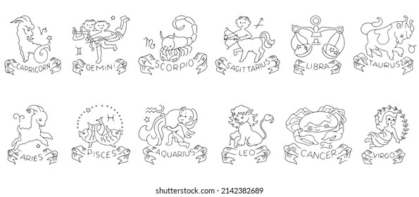 Zodiac horoscope symbols signs vector set. Isolated astrological images in simple black and white style. Capricorn Gemini  Scorpio Sagittarius Libra Taurus. Aries Pisces Aquarius Leo Cancer Virgo.