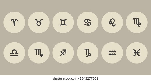 Zodiac horoscope. Twelve  astrological  icon symbols set. Stylized star signs esoteric. Simple line vector illustration.