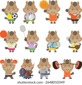 Zodiac Horse Characters Playing Various Sports – Energetic Animal Illustrations for 2026 New Year