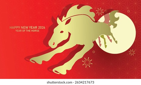 Zodiac horse jumping on festive cny 2026 background. Golden horse silhouette on red background with fireworks decorations.