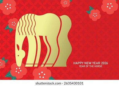 Zodiac horse in minimalist style. Chinese new year of the horse 2026 greeting card with stylized zodiac horse on floral pattern background.