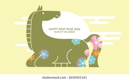 Zodiac horse in minimalist style. Chinese new year of the horse 2026 greeting card vector with golden horse shape and spring flowers pattern.