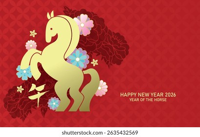  Zodiac horse on floral pattern background. Chinese new year of the horse with peonies and various spring flowers. Chinese text translation: "Horse"(zodiac).