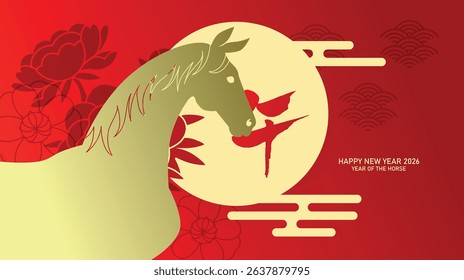 Zodiac horse portrait greeting card for chinese new year 2026. Golden horse profile silhouette on red background with clouds, flowers and moon. Chinese text translation: "Horse"(zodiac).