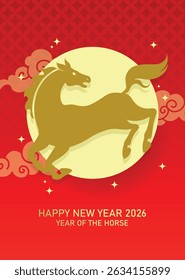  Zodiac horse silhouette 2026 greeting card. Gold zodiac horse shape on red oriental background with auspicious clouds. 