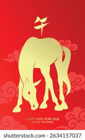 Zodiac horse silhouette with auspicious clouds background. Chinese new year of the horse 2026 gold and red greeting card with zodiac horse shape. Chinese text translation: "Horse" (as zodiac sign).