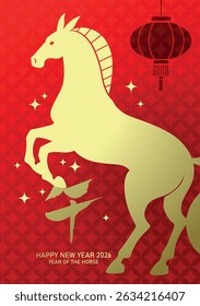 Zodiac horse silhouette with chinese lantern background. Chinese new year of the horse 2026 traditional greeting card with golden horse shape. Chinese text translation: "Horse" (zodiac).