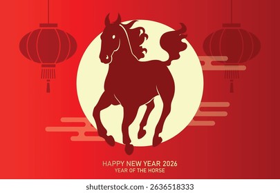 Zodiac horse silhouette with hanging lanterns background. Chinese new year of the horse 2026 greeting banner.