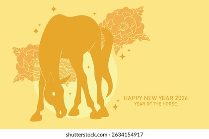 Zodiac horse silhouette on peonies background. Chinese new year of the horse 2026 background with flowers.