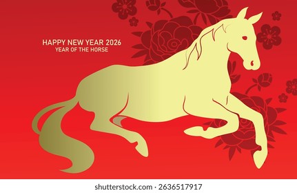 Zodiac horse silhouette with peonies pattern in background. Chinese new year of the horse 2026 greeting card banner.