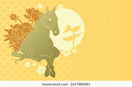 Zodiac horse vector card with peonies flowers. Chinese new year of the horse 2026 banner with sitting horse silhouette. Chinese text translation: "Horse"(zodiac).
