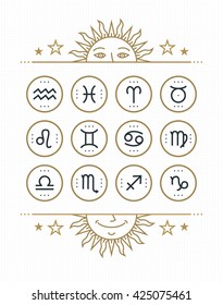 Zodiac icon collection. Sacred symbols set. Vintage style design elements of horoscope and astrology purpose. Thin line signs isolated on bright dotted background. Vector collection.