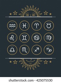 Zodiac icon collection. Sacred symbols set. Vintage style design elements of horoscope and astrology purpose. Thin line signs isolated on dark dotted background. Vector collection.