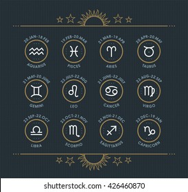 Zodiac Icon Collection. Sacred Symbols Set. Vintage Style Design Elements Of Horoscope And Astrology Purpose. Thin Line Signs Isolated On Dark Dotted Background. Vector Collection.