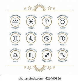 Zodiac icon collection. Sacred symbols set. Vintage style design elements of horoscope and astrology purpose. Thin line signs isolated on bright dotted background. Vector collection.