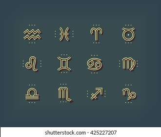 Zodiac icon. Sacred symbols. Astrology signs. Vintage thin line vector collection. Isolated on dark background.