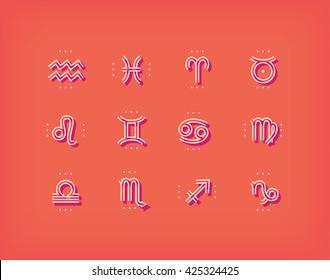 Zodiac icon. Sacred symbols. Astrology signs. Vintage thin line vector collection. Isolated on dark background.