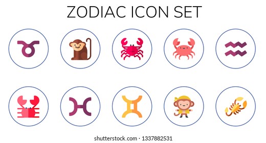 zodiac icon set. 10 flat zodiac icons.  Collection Of - taurus, crab, monkey, pisces, gemini, aquarius, scorpion