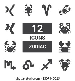 zodiac icon set. Collection of 12 filled zodiac icons included Goat, Sagittarius, Leo, Scorpio, Crab, Scorpion, Xing, Aries