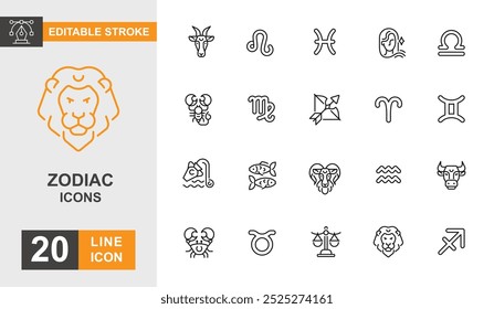 Conjunto de iconos del zodiaco. Leo, virgo, libra, piezas, sagitario y más icono de línea editable trazo.