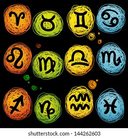zodiac icon set on a round texture - scribble