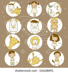 Zodiac icon set. Sagittarius, cancer, leo, libra, virgo, scorpio, ?apricorn, taurus, aquarius, pisces, gemini, aries. 