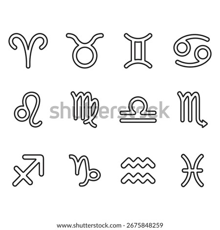 Zodiac icon set. Thin line style vector. Aries, Taurus, Gemini, Cancer, Leo, Virgo, Libra, Scorpio, Sagittarius, Capricorn, Aquarius, and Pisces.