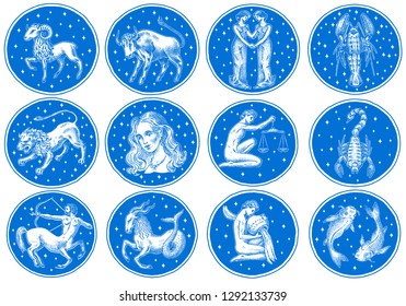 Zodiac icons. Astrology horoscope with signs. Calendar template. Collection outline animals. Vintage style. Libra Scorpio Sagittarius Capricorn Aquarius Pisces. Aries Taurus Gemini Cancer Leo Virgo.