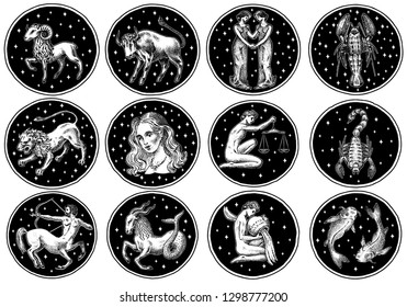 Ícones do zodíaco. Horóscopo astrológico com signos. Modelo de calendário. Animais de contorno de coleção. Estilo vintage. Libra Escorpião Sagitário Capricórnio Aquário Peixes. Áries Touro Gêmeos Câncer Leão Virgem.