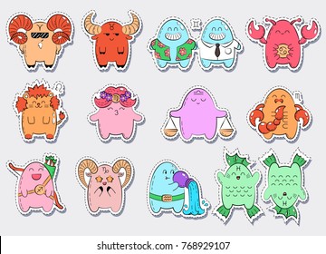 Zodiac icons. Collection of twelve icons of zodiac signs. Vector doodle illustration with cartoon comic characters. Funny animals, monsters. Signs and symbols. Patch, badge