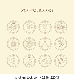 Iconos Zodiacos, Logo Resumen Esotérico, Símbolos Espirituales Místicos. Astrología, Luna y Estrellas, arte esotérico mágico.