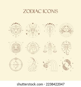 Zodiac Icons, Esoteric Abstract Logo, Mystic Spiritual Symbols. Astrology, Moon and Stars, Magic Esoteric Art.