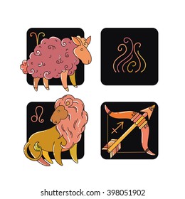 Zodiac icons. Fire set: Aries, Leo, Sagittarius.